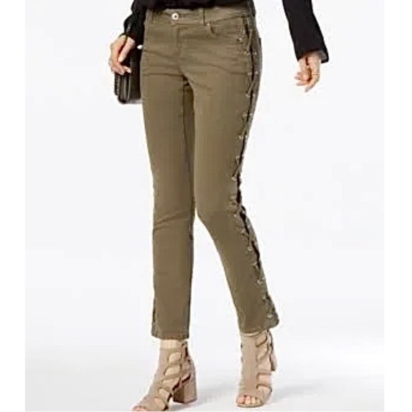 INC INTERNATIONAL CONCEPTS OLIVE DRAB LACE UP SKINNY JEANS 
SIZE 4 - Picture 1 of 9